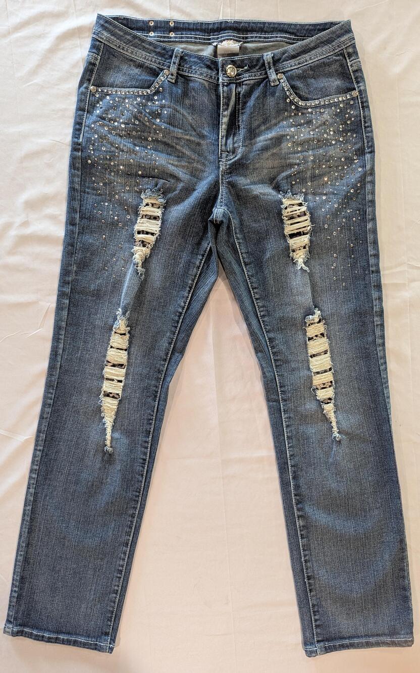 Style's Jeans Womens 10 Blue Med Wash Mid Rise Straight Distressed Rhinestone